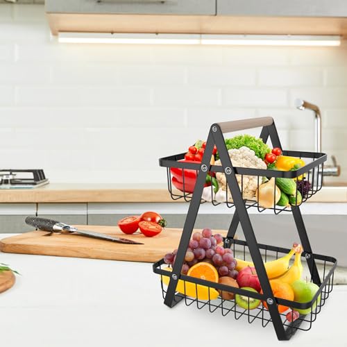 XMTECH 2-Etagen Obst Etagere aus Kohlenstoffstahl, Abnehmbarer Obstkorb für Obst, Gemüse und Snacks – Schwarz von XMTECH
