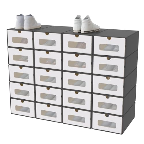 XMTECH 20 Stück Schuhaufbewahrung mit Sichtfenster Aufbewahrungsbox Schuhboxen Sneakerbox Storage Box Schuhkarton Schuhschachtel Schublade Pappe aus Kraftpapier, Anthrazit-Weiß von XMTECH