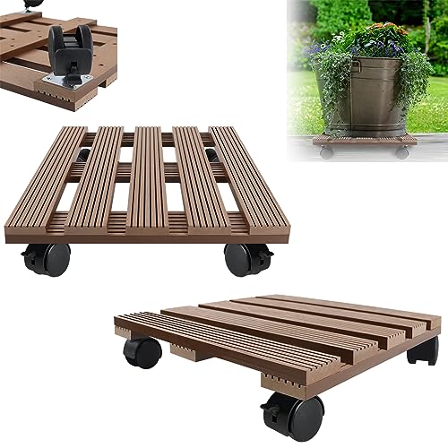 XMTECH 2x WPC-Pflanzenroller 100 kg Tragkraft, Pflanzenroller & Blumenroller 30x30cm für Außenbereich + Innenbereich, Rollbrett Pflanzen, Untersetzer mit Rollen, Quadratisch, Braun von XMTECH