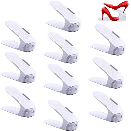 XMTECH 30 Stück Einstellbare Schuhregale Set Schuhstapler Schuhhalter 3 höhenverstellbar Schuhorganizer Platzsparend Kunststoff-Weiß von XMTECH