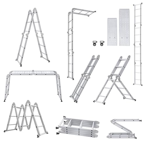 XMTECH 340cm Leiter Mehrzweckleiter Klappleiter Gelenkleiter mit Plattform Aluleiter Multifunktionsleiter Kombileiter 6 in 1 Anlegeleiter Stehleiter aus Aluminium - 4x3 Stufen, Silber von XMTECH