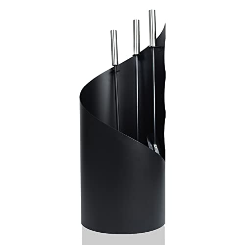 XMTECH 4 Teilig Kaminbesteck Set Kamingarnitur Kaminzubehör Metall Modern Design für Küche Haushalt, Schwarz Kaminwerkzeug inkl. Besen Schaufel Schürhaken und Ständer mit Sichtschutz von XMTECH