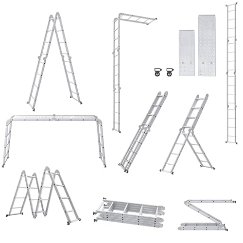 XMTECH 470cm Leiter Mehrzweckleiter Klappleiter Gelenkleiter mit Plattform Aluleiter Multifunktionsleiter Kombileiter 6 in 1 Anlegeleiter Stehleiter aus Aluminium - 4x4 Stufen, Silber von XMTECH