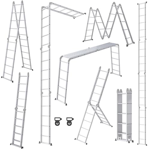 XMTECH 584cm Leiter Mehrzweckleiter Klappleiter Gelenkleiter mit Plattform Aluleiter Multifunktionsleiter Kombileiter 6 in 1 Anlegeleiter Stehleiter aus Aluminium - 4x5 Stufen, Silber von XMTECH