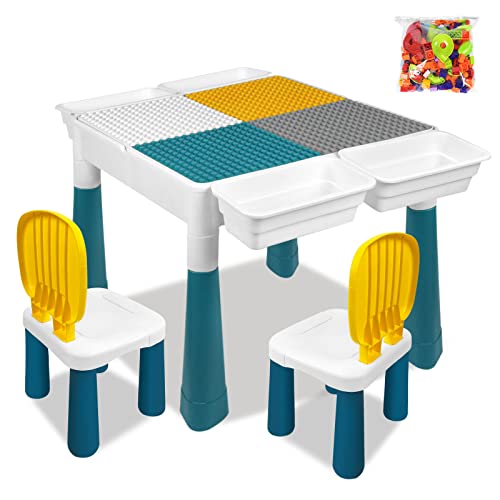 XMTECH 6 in 1 Kindertisch mit Stühle Set,Kompatibles Multi Aktivitätstisch Set,Basteltisch mit 2 Stühle und 163 Bausteinen Multifunktionaler Lern- und Spieltisch mit Aufbewahrung,Geschenk von XMTECH