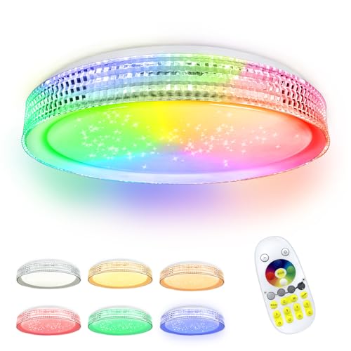 XMTECH 60W RGB LED Deckenleuchte Farbwechsel Deckenlampe Dimmbar Sternenhimmel-Effekt-Weißer Ring, 2800-6500K Lampe Deckenbeleuchtung mit Fernbedienung für Wohnzimmer Schlafzimmer Kinderzimmer Küche von XMTECH
