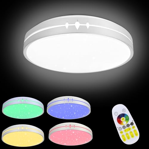 XMTECH Deckenlampe LED Deckenleuchte Flach 60W, 2800K-6500K, IP44 Wasserfest Rund Farbwechsel RGB Lampe Dimmbar mit Fernbedienung für Wohnzimmer Schlafzimmer Kinderzimmer (Mit Sternenhimmel-Effekt) von XMTECH
