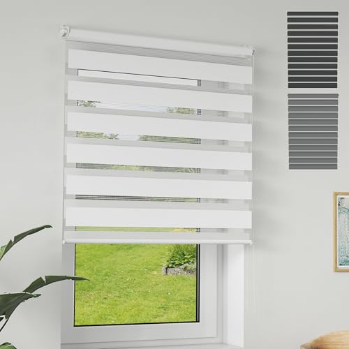 XMTECH Doppelrollo Klemmfix ohne Bohren Weiß 80x150 cm – Zebra Rollo lichtdurchlässig & verdunkelnd, Duo Rollo Klemmrollo für Fenster & Türen, modernes Seitenzugrollo Sonnenschutzrollo von XMTECH