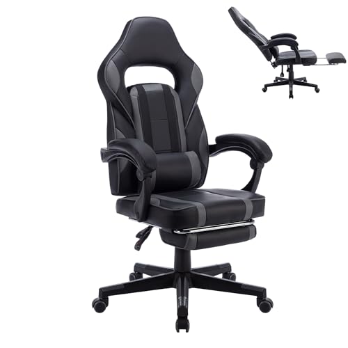 XMTECH Gaming Stuhl, Ergonomischer Bürostuhl mit Lendenkissen, Gaming Sessel mit Fußstütze, Höhenverstellbar PC Stuhl 150 kg belastbarkeit, Schwarz-Grau von XMTECH