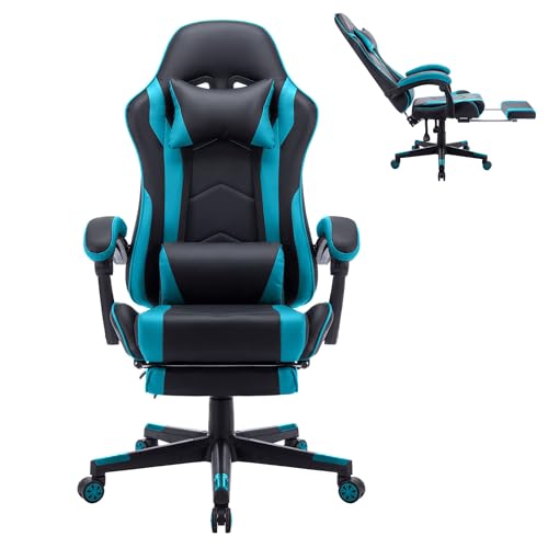 XMTECH Gaming Stuhl, Ergonomischer Bürostuhl mit Lendenkissen & Kopfkissen, Gaming Sessel mit Fußstütze, Höhenverstellbar PC Stuhl 150 kg belastbarkeit, Schwarz-Blau von XMTECH