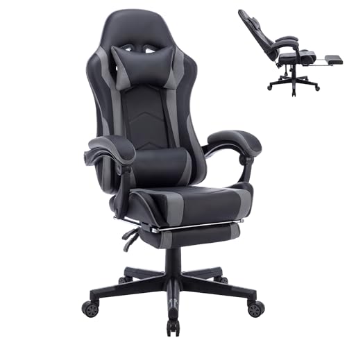 XMTECH Gaming Stuhl, Ergonomischer Bürostuhl mit Lendenkissen & Kopfkissen, Gaming Sessel mit Fußstütze, Höhenverstellbar PC Stuhl 150 kg belastbarkeit, Schwarz-Grau von XMTECH