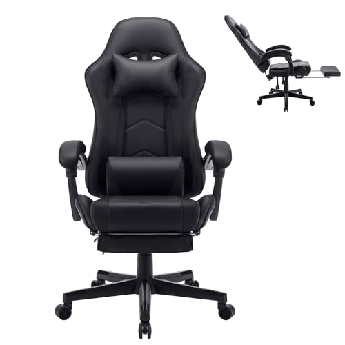 XMTECH Gaming Stuhl, Ergonomischer Bürostuhl mit Lendenkissen & Kopfkissen, Gaming Sessel mit Fußstütze, Höhenverstellbar PC Stuhl 150 kg belastbarkeit, Schwarz von XMTECH