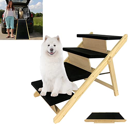 XMTECH Hunderampe 2 in 1 Klappbar Hundetreppe Große Hunde Haustiertreppe aus Kiefernholz, rutschfest Tiertreppe Hundeleiter Rampe für Haustiere Katzen von XMTECH