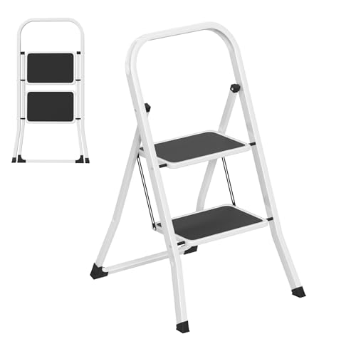 XMTECH Klappbare Trittleiter 2 Stufen, Robuste Metall Stehleiter mit extra Breiten rutschfesten Tritten, Sicherheits-Handlauf & Bodenschutz-Gummikappen, Tritthocker bis 150kg für Haushalt & Büro von XMTECH