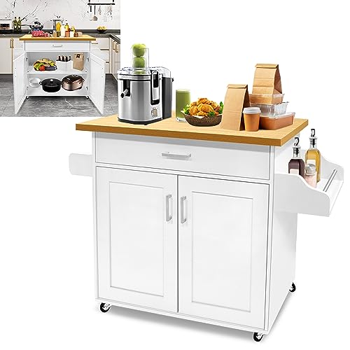 XMTECH Küchenwagen mit Handtuchhalter und Gewürzboard, Bewegliche Kücheninseln Kücheninselwagen Küchenschrank mit 360° Räder & Schublade LBH ca.: 115 x 36 x 90 cm, Weiß von XMTECH