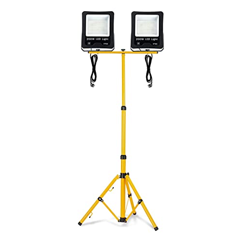 XMTECH LED Baustrahler Arbeitsleuchte 2 * 200W Warmweiß LED Fluter Floodlight mit Stativ Außenstrahler Arbeitsscheinwerfer Wasserdicht IP66 Aluminium Scheinwerfer für Werkstatt, Baustelle, Garage von XMTECH