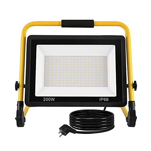 XMTECH LED Baustrahler Arbeitsleuchte 200W Warmweiß Baustellen Strahler inkl. Standgestell und 3M Netzkabel, LED Fluter Floodlight mit IP66 Wasserdicht für Garage, Garten, Baustelle,Werkstatt von XMTECH