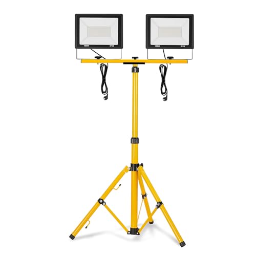 XMTECH LED Baustrahler mit Teleskop-Stativ, IP66 LED Fluter mit Stecker, robuster Arbeitsscheinwerfer für Baustelle, Garage und Außenbeleuchtung (2 * 100W Warmweiß + Stativ) von XMTECH