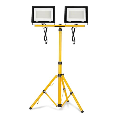 XMTECH LED Baustrahler mit Teleskop-Stativ, IP66 LED Fluter mit Stecker, robuster Arbeitsscheinwerfer für Baustelle, Garage und Außenbeleuchtung (2 * 200W Warmweiß + Stativ) von XMTECH