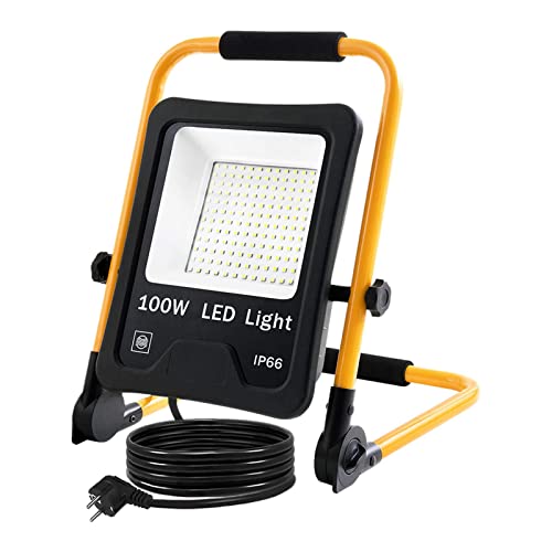 XMTECH LED Fluter Baustrahler Arbeitsleuchte 100W Kaltweiß - Inkl. 3M Kabel, Standgestell Und Tragegriff, Arbeitsscheinwerfer Flutlichtstrahler Für Innen-Und Außenbereich IP66 Wasserdicht von XMTECH