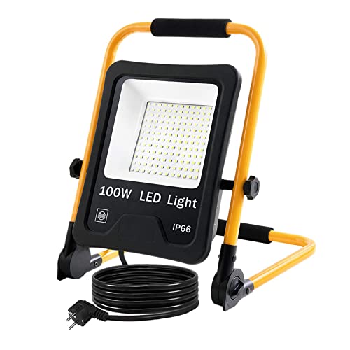 XMTECH LED Fluter LED Baustrahler 100W Kaltweiß- inkl. Standgestell und Tragegriff LED Arbeitsscheinwerfer Innen-und Außenbereich Wasserdicht IP66 Flutlichtstrahler von XMTECH