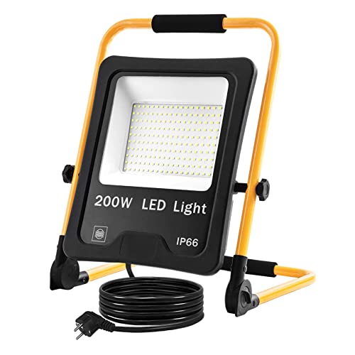 XMTECH LED Fluter LED Baustrahler Arbeitsleuchte 200W Warmweiß - inkl. 3M Kabel, Standgestell und Tragegriff LED Arbeitsscheinwerfer Flutlichtstrahler Innen-und Außenbereich IP66 Wasserdicht von XMTECH