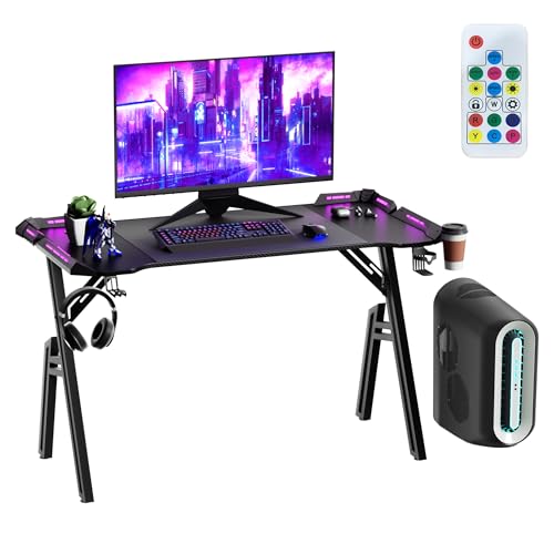 XMTECH LED Gaming Schreibtisch 120×60 cm, A‑Rahmen, Kohlefaseroberfläche, mit Getränkehalter und Kopfhörerhaken, Schwarz von XMTECH