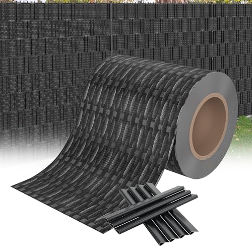 XMTECH PVC Sichtschutzfolie Sichtschutzstreifen Inkl. Befestigungsclips, Garten Sichtschutz Zaun Doppelstabmattenzaun, 450g/m² Blickdicht Sichtschutz Streifen - 35m x 19cm, Rattan-Anthrazit von XMTECH