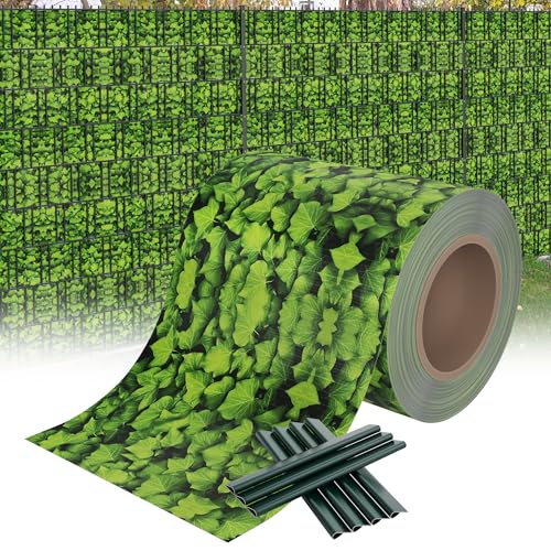 XMTECH PVC Sichtschutzfolie Sichtschutzstreifen Inkl. Befestigungsclips, Garten Sichtschutz Zaun Doppelstabmattenzaun, 450g/m² Blickdicht Sichtschutz Streifen - 70m x 19cm, Große Blätter-Grün von XMTECH