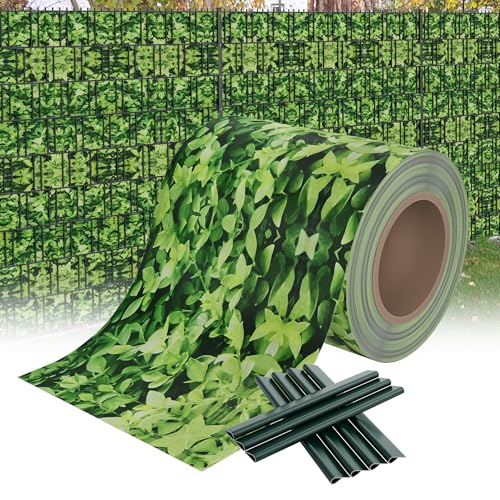 XMTECH PVC Sichtschutzfolie Sichtschutzstreifen Inkl. Befestigungsclips, Garten Sichtschutz Zaun Doppelstabmattenzaun, 450g/m² Blickdicht Sichtschutz Streifen - 70m x 19cm, Kleine Blätter-Grün von XMTECH