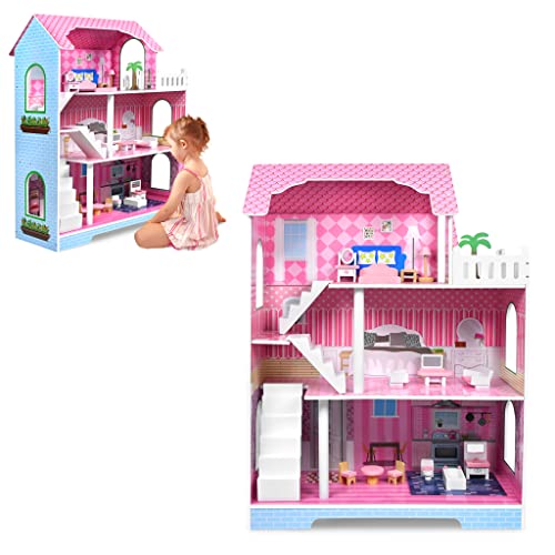 XMTECH Puppenhaus aus Holz Barbie Haus, mit Möbeln und Zubehör, Doll House Puppenvilla Dollhouse, Puppenstube Spielhaus Spielzeug Spielset mit DREI Spielebenen, für Mädchen Kinder Kinderzimmer, Typ B von XMTECH