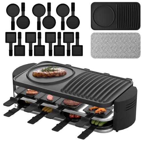 XMTECH Raclette Grill für 8 Personen mit Granitplatte & Antihaft-Grillplatte, 1600 W Tischgrill mit 14 Pfännchen, stufenloser Temperaturregelung & Ablage, Raclettegerät mit Cool-Touch-Griffen von XMTECH