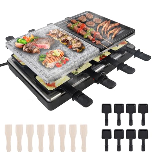 XMTECH Raclette-Grill mit Naturstein, 8 Pfännchen, Holzspachtel & 2 Tischgrill-Platten, Tischgrill Elektrogrill für 8 Personen, max. 1.400 W von XMTECH