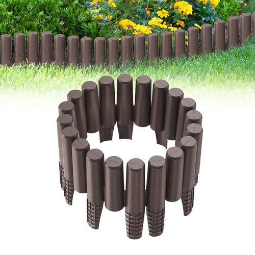 XMTECH Rasenkante Holzoptik 2,8m Garten Beetumrandung Beeteinfassung Mähkante Palisade aus Kunststoff, Gartenpalisade Gartenzaun, Braun, 1 Element (L x H): 28 x 24,5 cm, 10 Stück von XMTECH