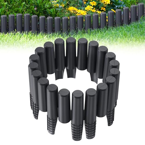 XMTECH Rasenkante Holzoptik 5,6m Garten Beetumrandung Beeteinfassung Mähkante Palisade aus Kunststoff, Gartenpalisade Gartenzaun, Anthrazit, 1 Element (L x H): 28 x 24,5 cm, 20 Stück von XMTECH