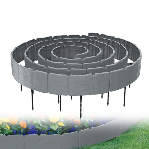 XMTECH Rasenkante in Steinoptik, 5 m Beetumrandung Mähkante Randsteine aus Kunststoff, Beeteinfassung Gartenzaun mit 20 Erdanker, 1 Element (L x H): 25x 20cm - 20 Stück, Grau von XMTECH
