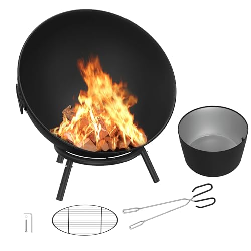 XMTECH Runde Feuerstelle Feuerkorb mit Griff aus Stahl, Φ55 cm Brennkorb, Tragbare Feuerstelle inklusive Holzrost und Zange für Garten, Heizung, Terrasse, Lagerfeuer und Camping von XMTECH