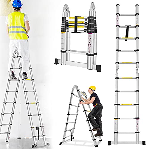 XMTECH Teleskopleiter Klappleiter Multifunktionsleiter Ausziehleiter Anlegeleiter Mehrzweckleiter Ausziehbare Leiter Stehleiter - 2,5M+2,5M Klappleiter, 16 Sprossen, Silber von XMTECH