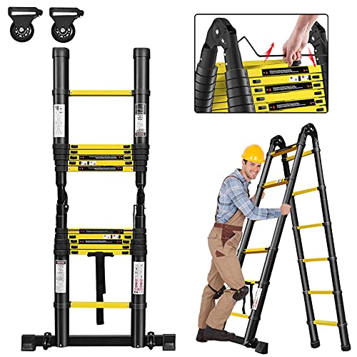 XMTECH Teleskopleiter Klappleiter Multifunktionsleiter Ausziehleiter Anlegeleiter Mehrzweckleiter Leiter Ausziehbar Stehleiter - 1,9M+1,9M Klappleiter, 12 Sprossen, Schwarz von XMTECH