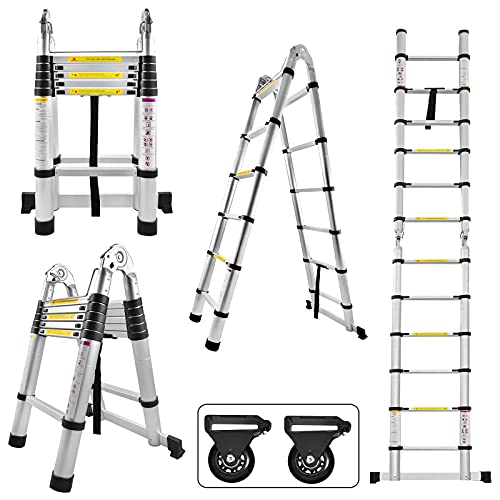 XMTECH Teleskopleiter Klappleiter Multifunktionsleiter Ausziehleiter Anlegeleiter Mehrzweckleiter Leiter Ausziehbar Stehleiter - 1,9M+1,9M Klappleiter, 12 Sprossen, Silber von XMTECH