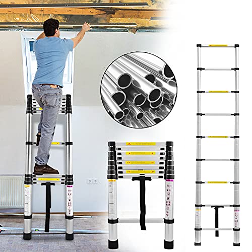 XMTECH Teleskopleiter Multifunktionsleiter Ausziehleiter Anlegeleiter Mehrzweckleiter Ausziehbare Leiter Stehleiter - 2,6M Teleskopleiter, 9 Sprossen, Silber von XMTECH