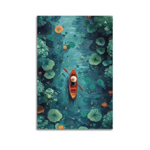 XMUXCY Wanddekoration auf Leinwand, Poster, Kunstposter, Bootfahren im Lotus-Teich, friedliche und idyllische Malerei, 20 x 30 cm, ungerahmter Stil von XMUXCY