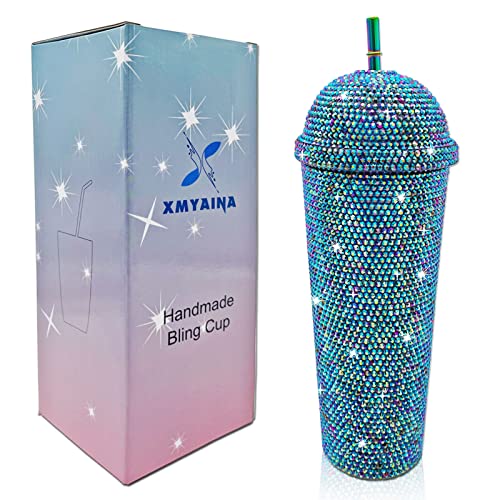 XMYAINA 680 ml Bling Cup handgefertigte Strasssteine Trinkbecher doppelwandig isolierte Kunststoff Wasserflasche mit Deckel und Strohhalmen (Aurora Purple) von XMYAINA