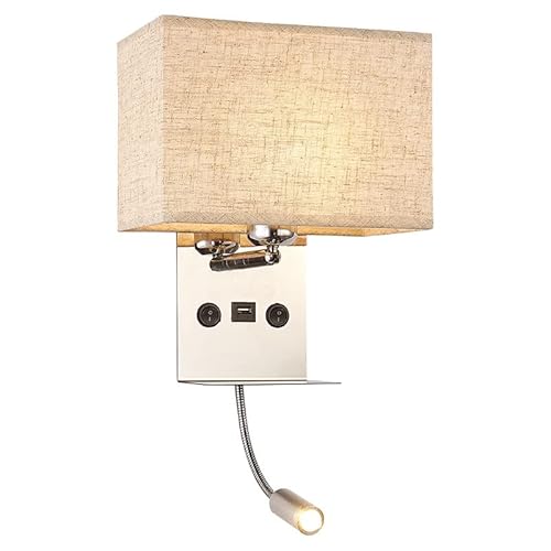 LANMOU Wandlampe Schlafzimmer mit Schalter, E27 Wandleuchte Innen mit Leselampe & USB-Anschluss,Beige Stoffschirm, mit Ablage,Warmweiß LED leselampe Wand Nachtlampe für Schlafzimmer Wohnzimmer Hotel von LANMOU