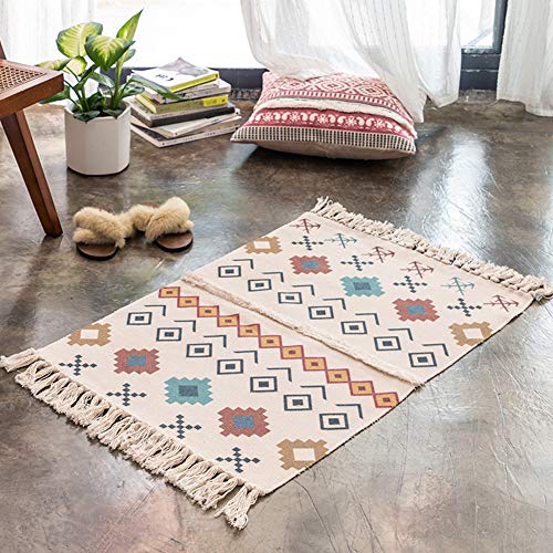 JQDZX Baumwolle Teppich mit Quaste, Handgewebte Baumwollteppich Küchenmatte Bereich, für Küche, Wohnzimmer, Schlafzimmer, Waschküche, rutschfest teppich (X,60 * 130) von XMZFQ