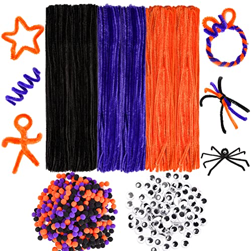 XNHIU 750 Stück Halloween Pfeifenreiniger Bastelset 150 Stück Schwarz Orange Lila Pfeifenreiniger 300 Stück Kulleraugen 300 Stück Pom Poms für Halloween DIY Bastelbedarf (Schwarz Orange Lila) von XNHIU