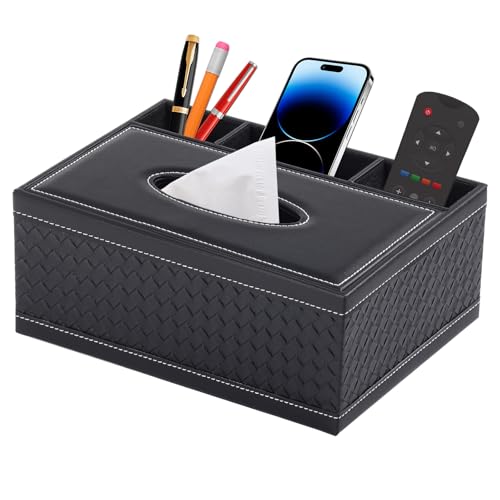 PU Leder Kosmetiktücher Rechteckig Taschentücher Box Organisator Tissue Box mit Fernbedienung Aufbewahrungsbox Serviettenhalter Schreibtisch Aufbewahrungsbox,Schwarzes Geflochten von XNONE
