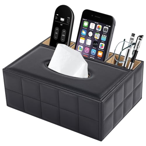 PU Leder Kosmetiktücher Rechteckig Taschentücher Box Tissue Box mit Fernbedienung Aufbewahrungsbox Serviettenhalter Schreibtisch Aufbewahrungsbox (Schwarze Linie, 25,5 L x 18,4 B x 10 H) von XNONE