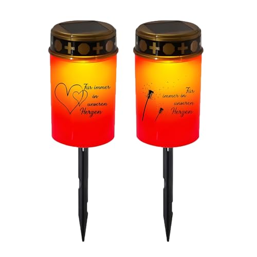 2 Stück Grablaterne Solar, LED Grablicht Trauerkerzen Mit Motiv, Grablicht Solar Wetterfest Mit Erdspieß, Grableuchte Für Den Außenbereich, Friedhofskerze (Rotes Licht) von XNSHUN