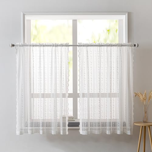 2 Stück Scheibengardine Mit Spitzen, Halbtransparente Bistrogardine Weiß Vorhänge, Kurzstores Voile Gardine Fenstervorhang, Privatsphäre Fenstervorhang Deko Für Küche Wohnzimmer (65Bx90H(CM),A) von XNSHUN